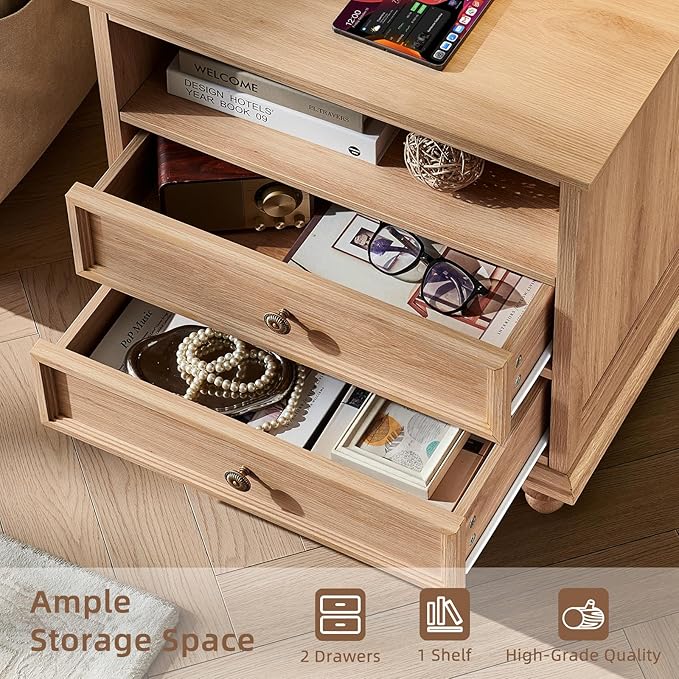24" Wide Farmhouse Nightstand Set of 2 with Charging Station,End Table with 2 Drawers,Natural Wood Dresser for Bedroom Cabinet, Bed Side Table Chest of Drawers, Night Stand for Living Room