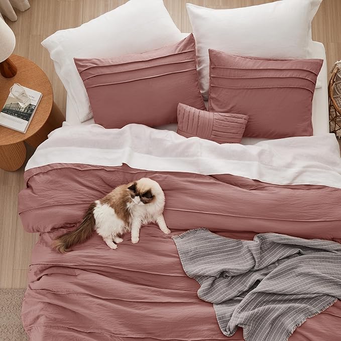 Bedsure Twin Comforter Set - 3 Pieces Pinch Pleat Bed Set, Dusty Pink Boho Bedding for All Season, 1 Soft Comforter, 1 Pillowcase, 1 Decorative Pillow
