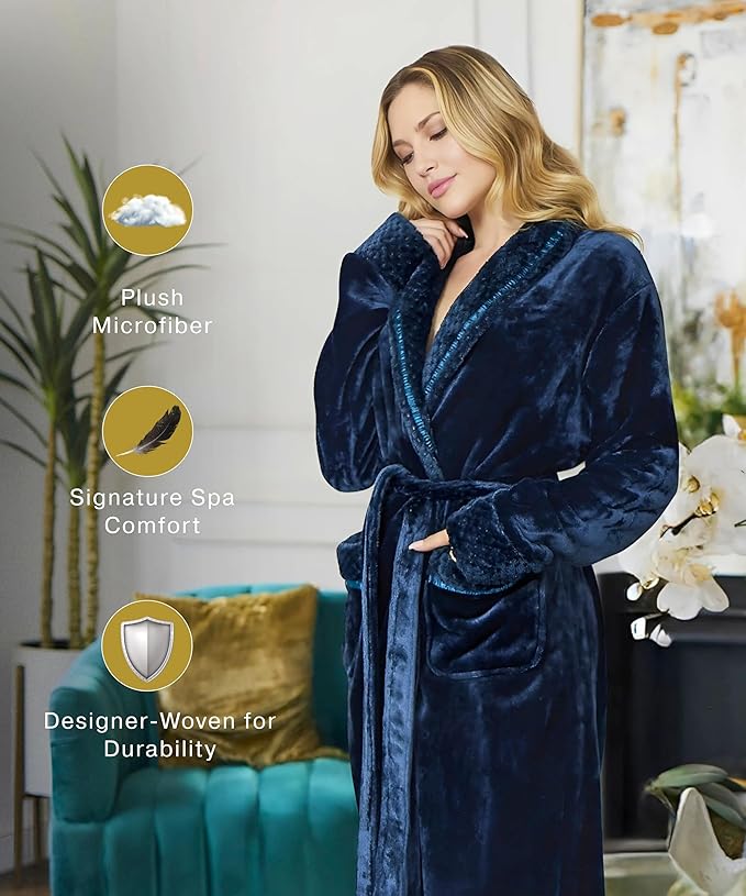 Lotus Linen Plush Robes for Women - Soft Bathrobe, Custom Monogram, Warm Fleece Robe with Pockets