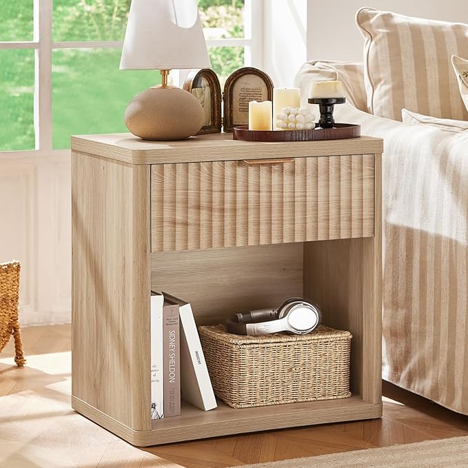 LEYAOYAO Fluted Farmhouse Nightstand Set of 2 with Charging Station, 23" Wide 1 Drawers Night Stand,Natural Dresser for Bedroom,Bed Side Table Chest of Drawers,Wood End Table for Living Room