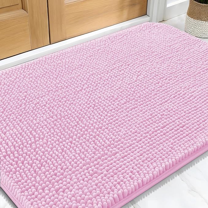 OLANLY Dog Door Mat for Muddy Paws 30x20, Absorbs Moisture and Dirt, Absorbent Non-Slip Washable Doormat, Quick Dry Chenille Mud Mat for Dogs, Entry Indoor Entryway Carpet for Inside Floor, Pink