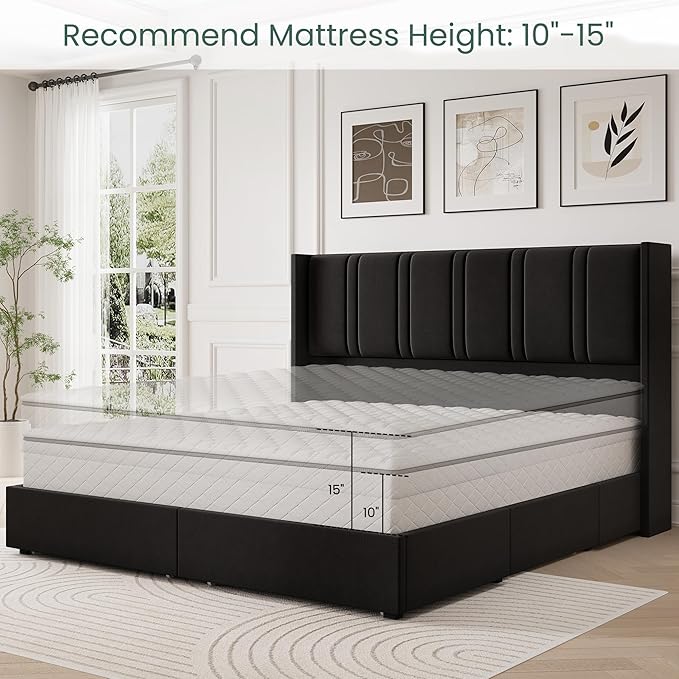 LARMACE King Size Bed Frame with 4 Storage Drawers and Wingback Headboard Velvet Upholstered Platform Bed Frame with Wooden Slats, Easy Assembly, Black