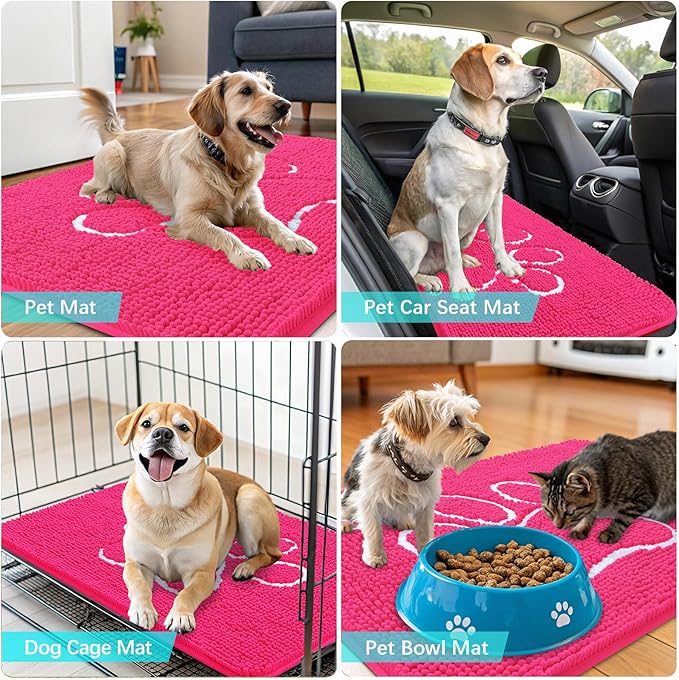 OLANLY Dog Door Mat for Muddy Paws 36x24, Paw Print Design, Absorbs Moisture and Dirt, Absorbent Non-Slip Washable Doormat, Quick Dry Chenille Mud Mat for Dogs, Entry Indoor Entryway Carpet, Hot Pink
