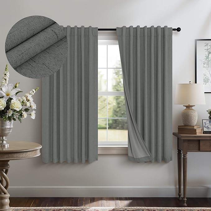 Dark Grey Thermal Curtains 54 Inch Length for Bedroom Thick Linen Textured Dining Room Darkening Blackout Insulated Insulating Sound Proof Window Curtains for Kitchen Back Door Bathroom Charcoal Gray