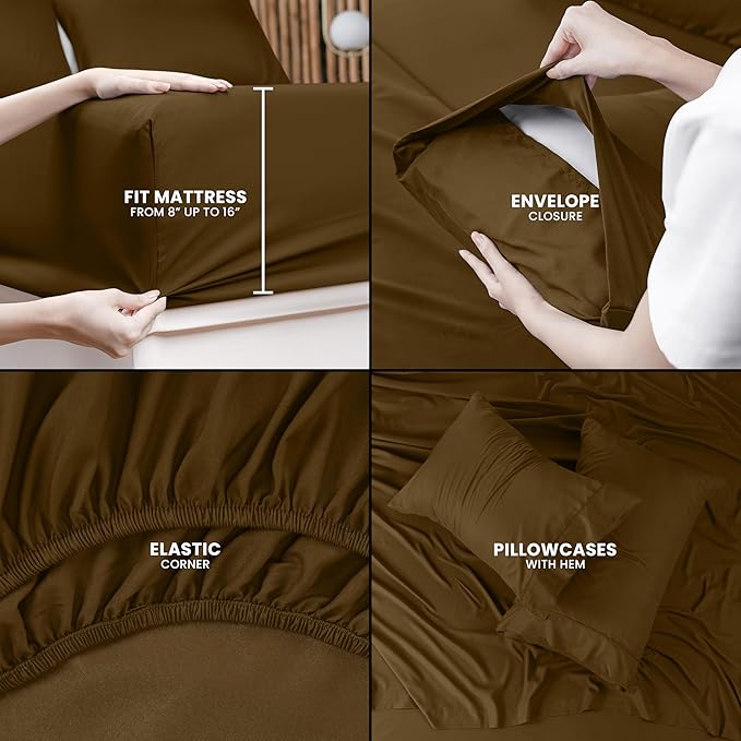 Utopia Bedding Queen Sheet Set – 4 Piece Bed Sheets for Queen Size Bed, Soft and Breathable Microfiber, Includes 1 Fitted Sheet, 1 Flat Sheet and 2 Pillowcases (Mocha)