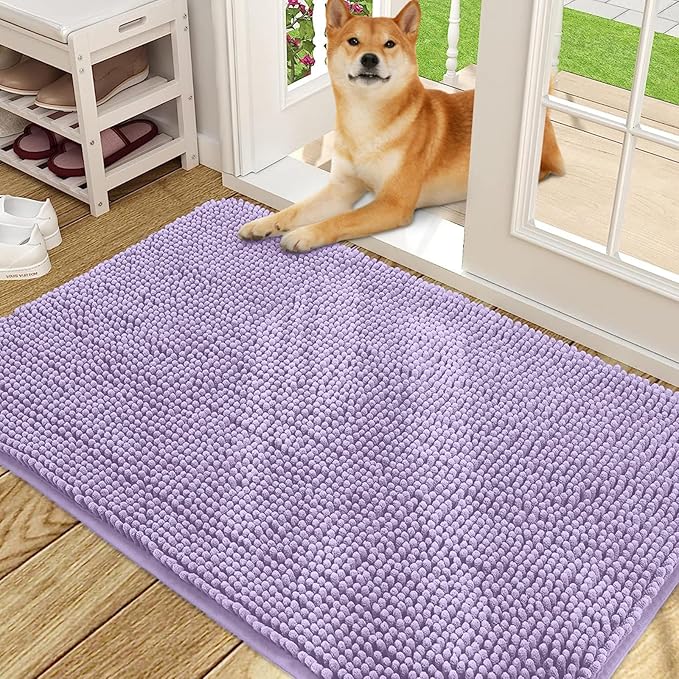 OLANLY Dog Door Mat for Muddy Paws 48x30, Absorbs Moisture and Dirt, Absorbent Non-Slip Washable Doormat, Quick Dry Chenille Mud Mat for Dogs, Entry Indoor Entryway Carpet for Inside Floor, Lavender