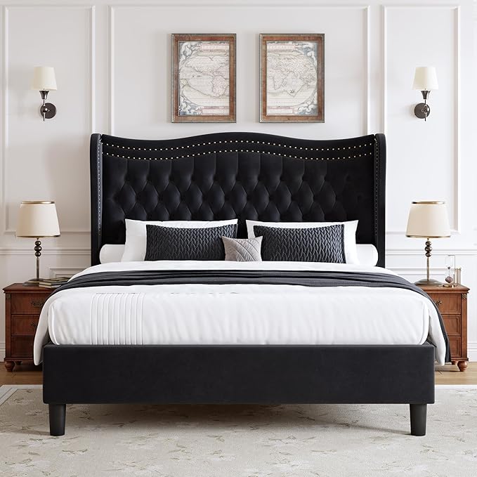 Upholstered Queen Size Bed Frame with Tall Headboard, Velvet Wingback Platform Bed Frame with Deep Button Tufted, No Box Spring Needed, Noise Free, Black