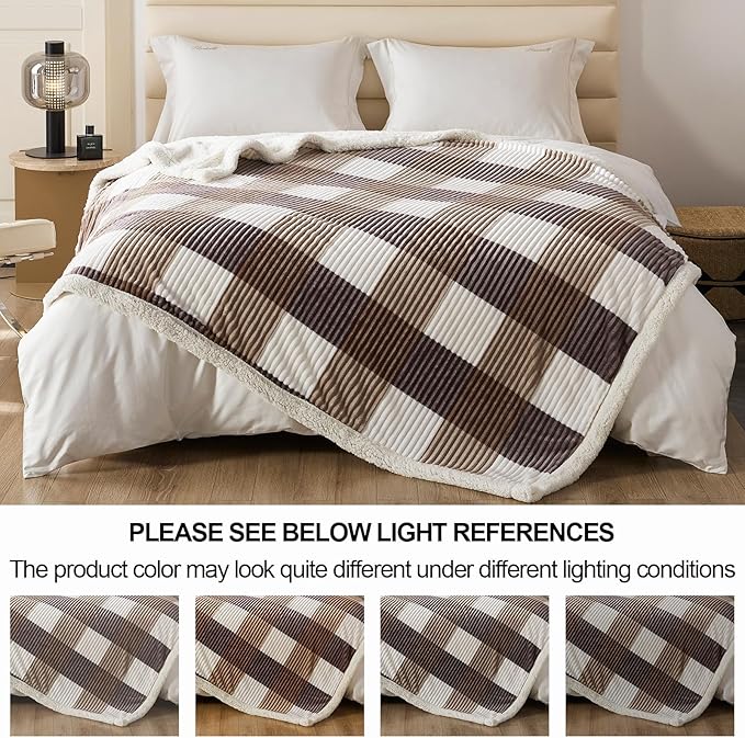 Blanket for Women, Sherpa Throw Blanket for Couch, Flannel Cozy Soft Checkered Blanket for Bed - Fleece, Beige, 60x80 Inches