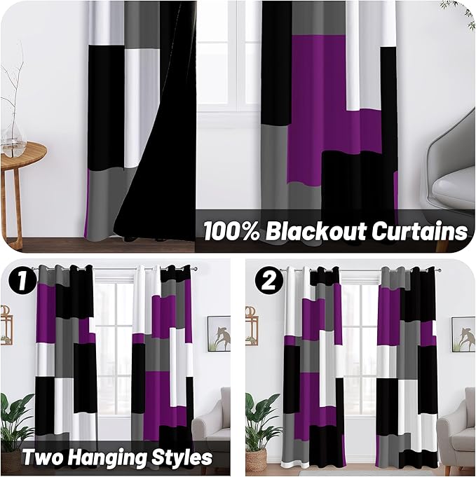 Purple 100% Blackout Curtains for Bedroom 84 inch Length 2 Panels Set Black Grey Modern Abstract Geometric Black Out Curtains Insulated Room Darkening Window Drapes for Living Room, 52Wx84L
