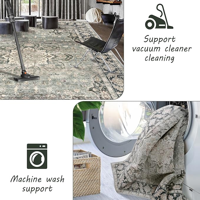 9x12 Area Rugs - 9x12 Washable Area Rug Indoor Vintage Rug Print Rug Low-Pile Floor Carpet for Living Room, Bedroom (Olive Charcoal)