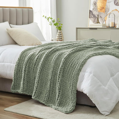 Amélie Home Chunky Knit Throw Blanket for Couch, Soft Chenille Crochet Blanket for Children, 40"x50", Sage Green