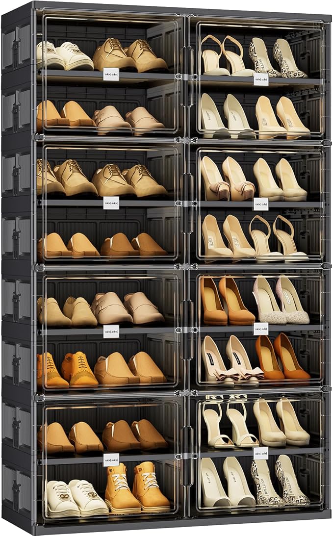JEKO&JEKO 8-Tier Foldable Shoe Storage Cabinet with Magnetic Doors, Large Stackable Shoe Organizer Cabinet for Closet & Entryway, Clear Front Door Shoe Boxes Hold Up to 32 Pairs (Black)