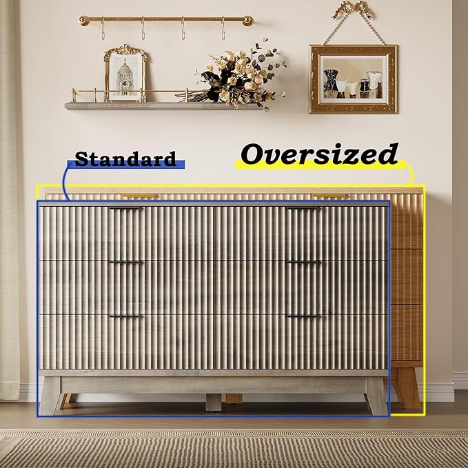 53" Long Dresser for Bedroom, 6-Drawer Dresser with Fluted Fronts, Wide Wood Chest of Drawers, Smooth Metal Slides, Stable Base, Modern Clothes Storage Cabinet for Living Room, Hallway