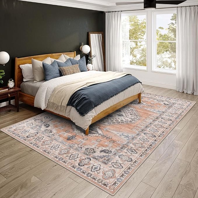 vivorug 3x5 Rug, Small Area Rug for Living Room, Bedroom, Kitchen, Machine Washable Non-Slip Throw Rug, Vintage Distressed Carpet for Entryway Nursery Dinner Room, Orange