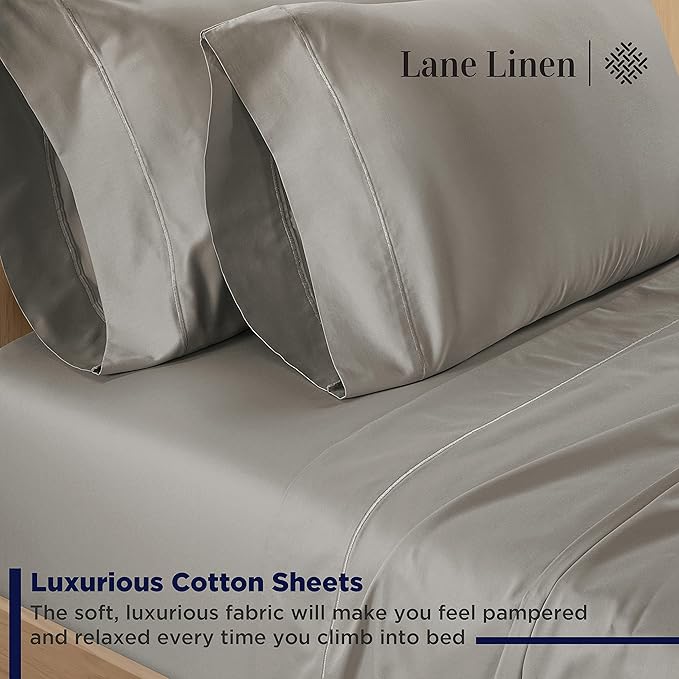 LANE LINEN Queen Size Sheet Set – 600 Thread Count Natural 100% Cotton Sheets, Cooling Bed Sheets, Durable Bedding for Daily Use, Fade Resistant, Snug Fit 15" Deep Pocket Fitted Sheet – Silver