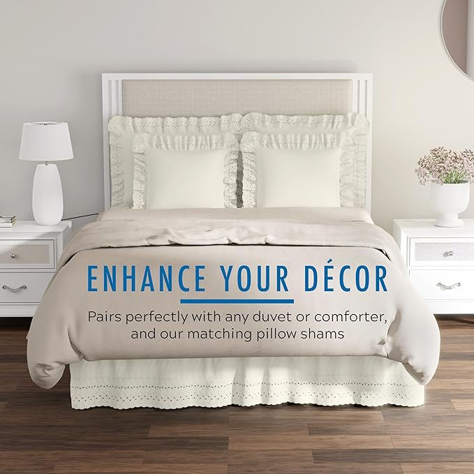 Fresh Ideas Eyelet Bed Skirt, Ruffled Design, 14 Inch Drop, Embroidered Scalloped Edge, Full, Ivory