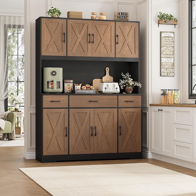 HOSTACK 71" Tall Kitchen Pantry Storage Cabinet with Charging Station, 55" Wide Kitchen Hutch Cabinet with Large Countertop, Farmhouse Food Pantry with Drawers for Living Room (Brown/Black)