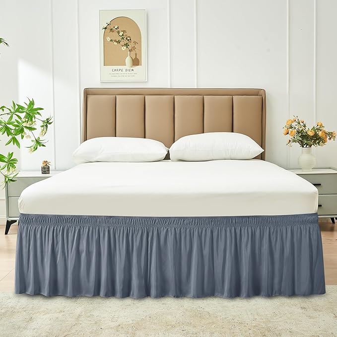 Biscaynebay Wrap Around Bed Skirts for King & Cal King Beds 16" Drop, Dark Grey Adjustable Elastic Dust Ruffles Easy Fit Wrinkle & Fade Resistant Silky Luxurious Fabric Solid Machine Washable