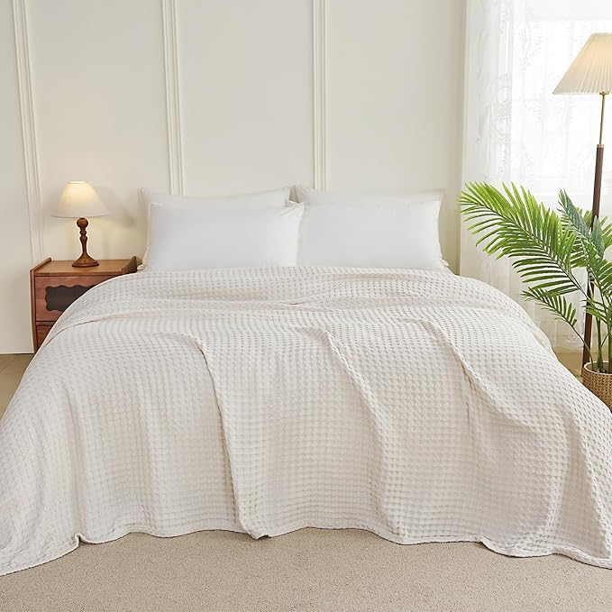 Aganear Waffle Blanket - Lightweight Breathable Summer Blanket of 50% Cotton and 50% Rayon Derived from Bamboo for Hot Sleepers Luxury Throws for Bed, Couch and Sofa,Beige,104x90 Inches