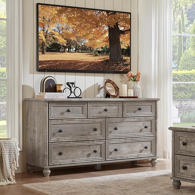 Farmhouse Dressers & Night Stand Set of 4, Wood 54" Wide Dresser & 45" Tall Chest of Drawers, 18" with Charging Station Nightstand Set of 2, Bedroom Furniture Dresser Set for Home Living Room Hallway