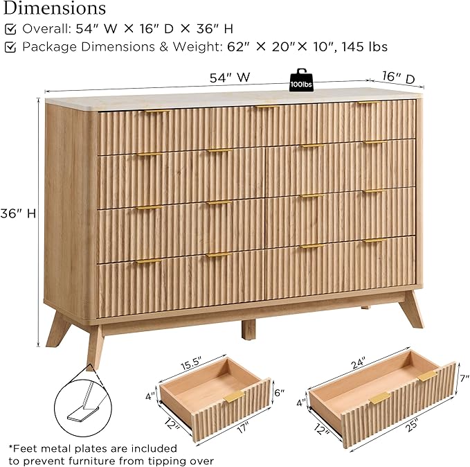 T4TREAM Fluted 9 Drawer Dresser, Modern Chest of Drawers with Faux Marble Top, Curved Profile Design, Dresser TV Stand, Wood Drawer Organizer for Bedroom, Living Room, Hallway, Natural Oak
