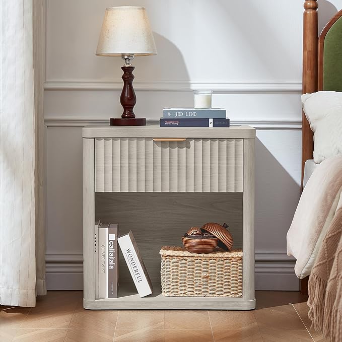 LEYAOYAO Fluted Farmhouse Nightstand Set of 2 with Charging Station, 23" Wide 1 Drawers Night Stand,LightGrey Dresser for Bedroom,Bed Side Table Chest of Drawers,Wood End Table for Living Room
