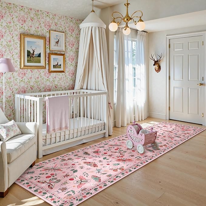 Lahome Insect Hallway Runner Rug, 2'5''x8' Ultra-Thin Washable Runners for Hallways Kitchen, Soft Laundry Room Rug Non-Slip Long Carpet for Entryway Bedroom Bathroom, Pink