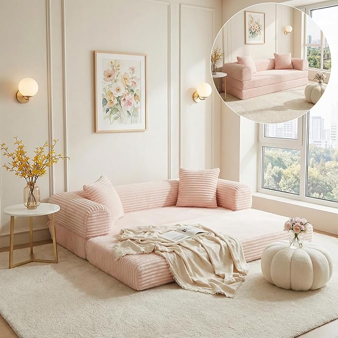 Convertible Futon Sofa Bed, Fold Out Floor Sofa Couch with Sleeper Sofa,Folding Boneless Couches with Deep Seat,Cloud Corduroy Foldable Mattress Couch for Living Room (Pink)