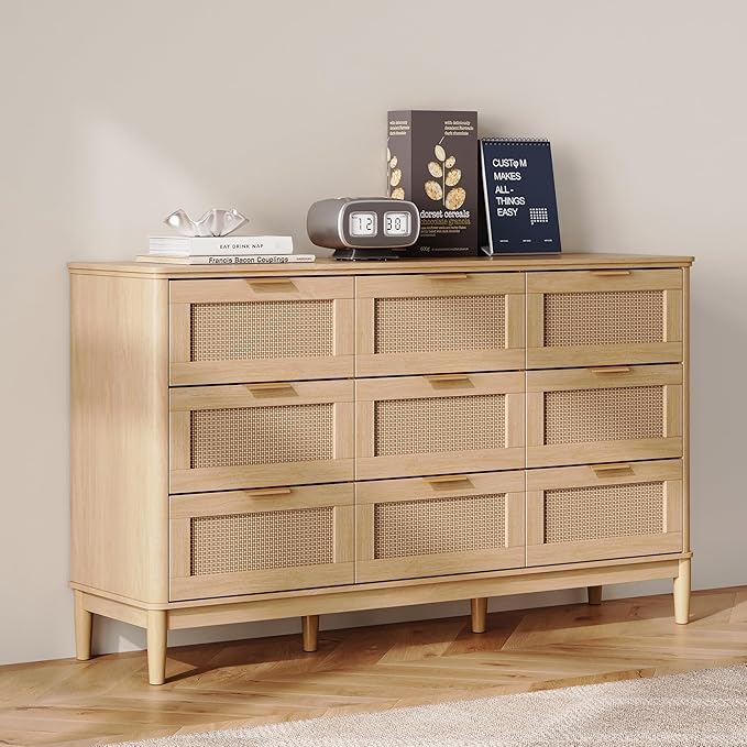LINSY Rattan 9 Drawer Dresser for Bedroom, 58" Wide Mid-Century Modern Tall Chest of Drawers, Deep Storage Dresser with Curved Corner Design, Large Accent Wood Cabinet for Bedroom, Oak