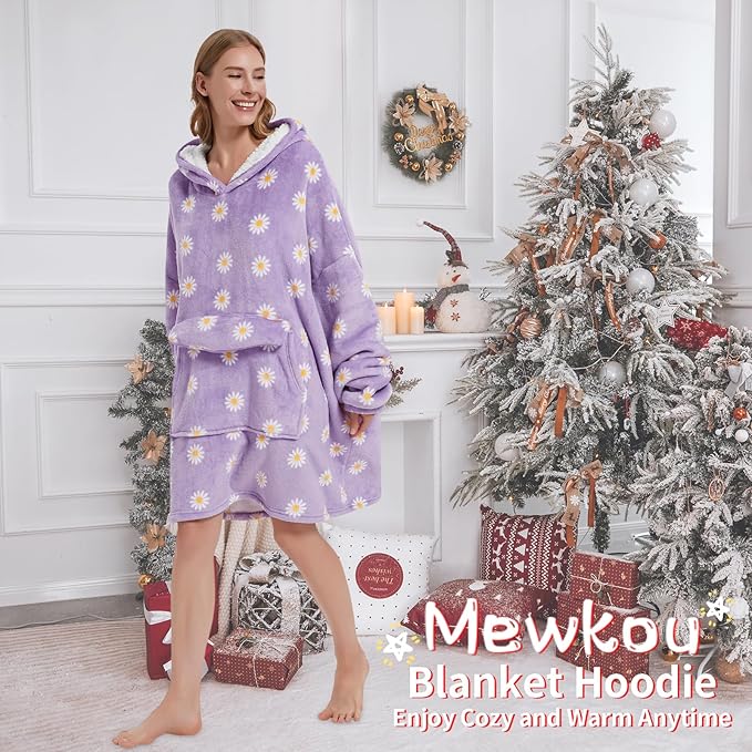 Wearable Blanket Hoodie for Adult,Oversized Sherpa Fleece Blanket Hoodie for Women Men,Daisy
