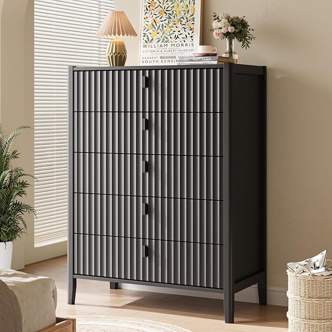5 Drawer Dresser, Modern Chest of Drawers for Bedroom, Wood Fluted Dresser Organizer with Deep Drawers for Clothes, Nightstand for Bedroom, Hallway, Living Room, Entryway, Black