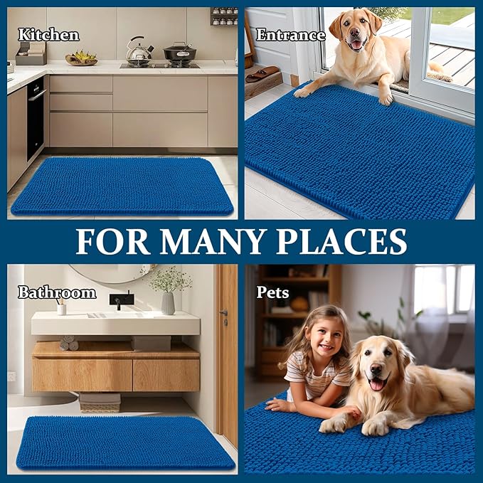 OLANLY Dog Door Mat for Muddy Paws 44x24, Absorbs Moisture and Dirt, Absorbent Non-Slip Washable Doormat, Quick Dry Chenille Mud Mat, Entry Indoor Entryway Carpet for Inside Floor, Deep Navy Blue
