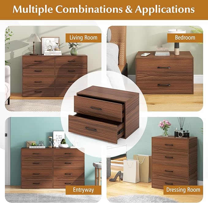 Giantex Stackable 2-Drawer Dressers for Bedroom - Short Dresser Two Drawer Storage Cabinet w/Handles & Anti-Topping Device, Small Dresser Chest of 2 Drawers for Closet Bedroom (2, Walnut)