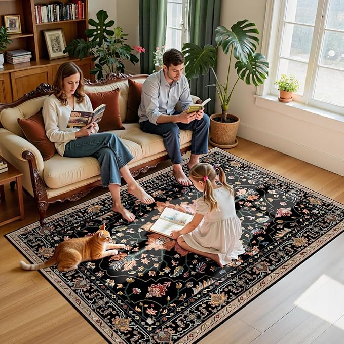 Area Rugs 5'x7' Washable Non-Slip, Floral Vintage Distress Print Pattern Medallion Carpet for Living Room Bedroom Dining Room, Black Colorful Floral Dark Tan