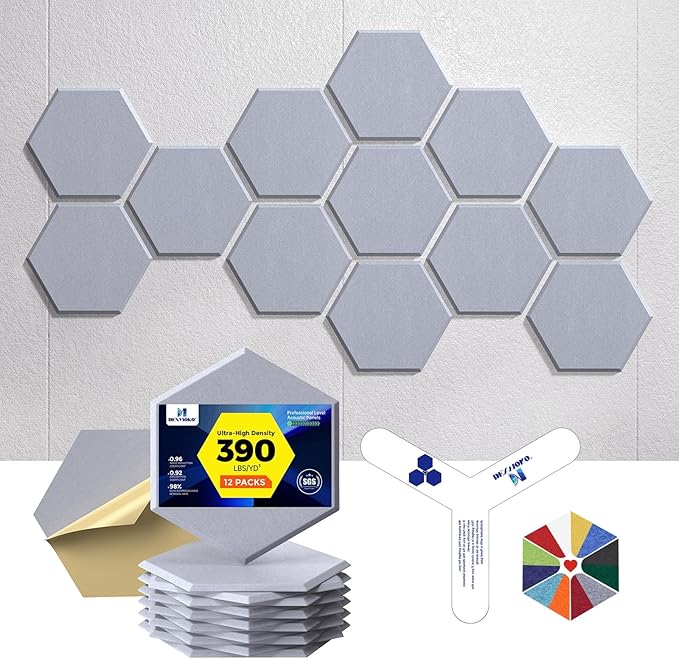 Self-Adhesive Acoustic Panels [390 lbs/yd³ Ultra-High Density], 2nd Generation Sound Absorbing Panel, Professional Level Sound Panel, Polyester Soundproof Foam [Size M, Cloud Grey]