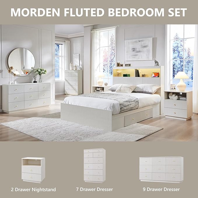 Fluted Nightstand with Charging Station, 21.65" Wide End Table with 2 Drawers, Modern Wood Bedside Table for for Bedroom, Living Room,White