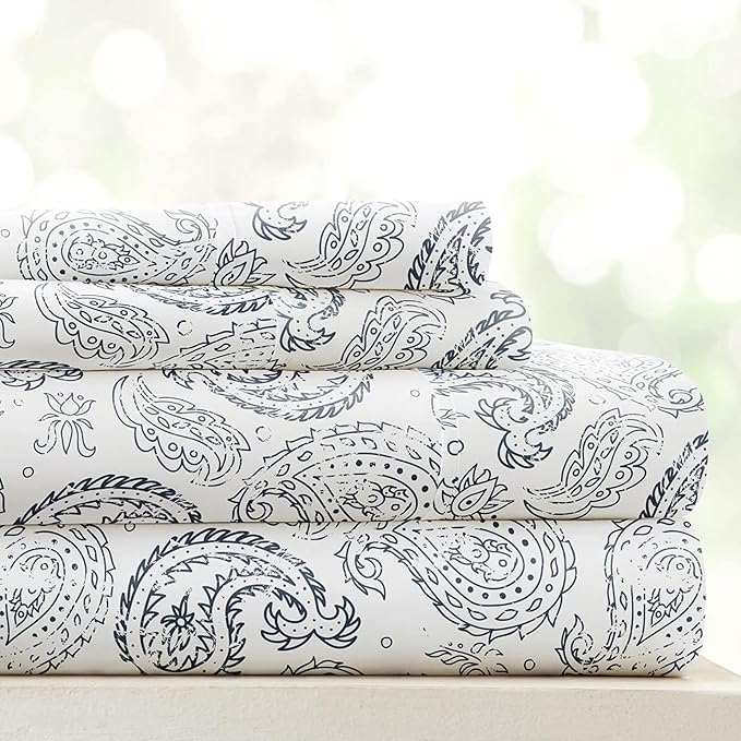 Linen Market Double-Brushed Patterned Microfiber Queen Sheet Set 4 Piece – Oeko-TEX Certified Ultra Soft & Wrinkle-Free - 16" Deep Pocket Sheets - Easy Care Queen Size - Coarse Paisley Navy