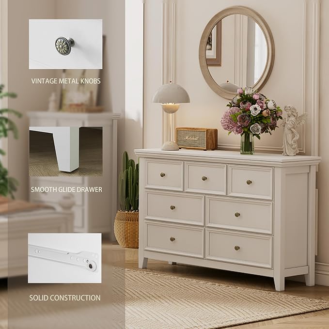 White Dresser for Bedroom, White 7 Drawers Dresser, Modern 7 Chest of Drawers, Closet Dresser, Farmhouse Dresser with 7 Storage Drawers Cabinet for Home Office, Study Room