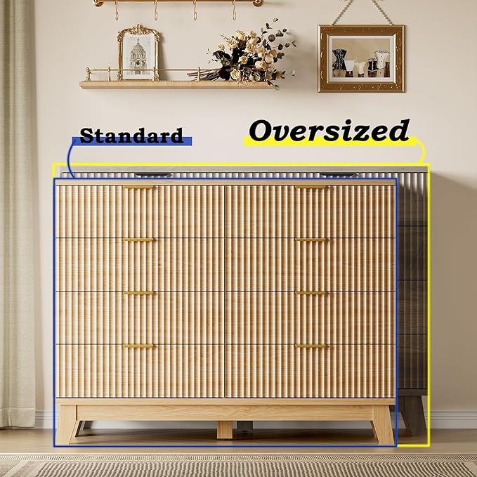 Fluted 8 Drawer Tall Dresser, 47.2" Wide Modern Boho Chest of Drawers, Wooden Storage Dresser TV Stand for Bedroom, Living Room, Closet, Hallway, Curved Profile Design