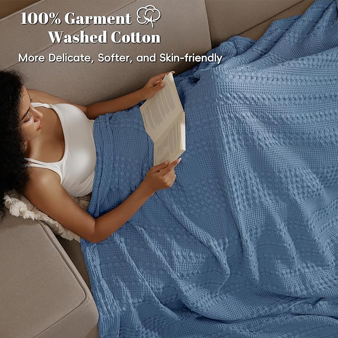 PHF 100% Cotton Waffle Weave Blanket King Size for Bed, Soft Lightweight & Breathable, All-Season Comfort, Luxury Aesthetic Woven Bedding for Home Decor, 108"x90", Denim Blue