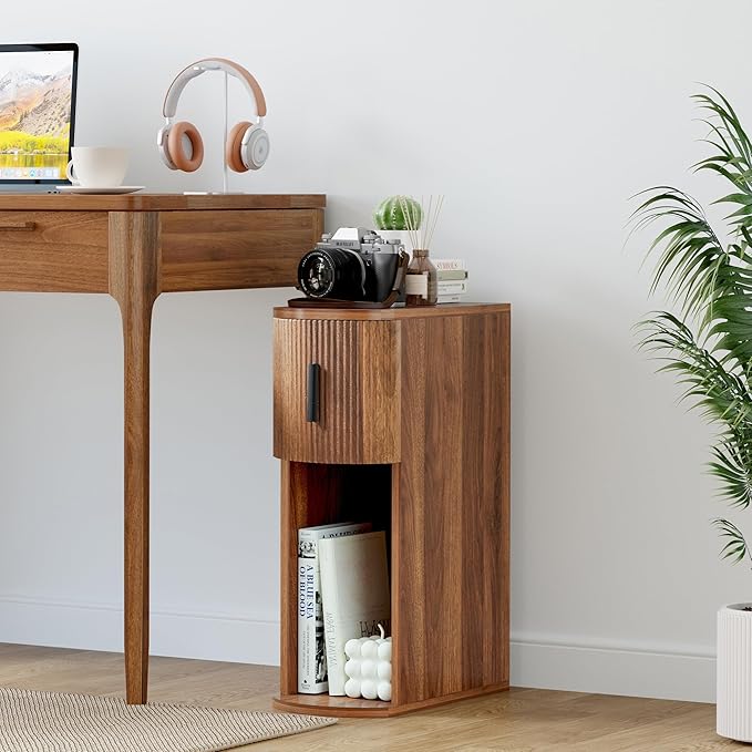 Narrow Nightstand Set of 2, Fluted Small Night Stand, Slim Curved Storage End Table with Drawer, Mid Century Modern Wooden Bedside Cabinet for Living Room, Bedroom,Small Spaces, Walnut