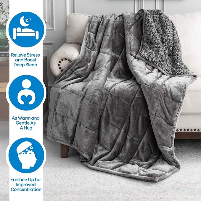 Cottonblue Sherpa Fleece Weighted Blanket 12lbs, Sherpa Flannel Cozy Plush Bed Blanket, Fuzzy Bedding Blankets Throw, Minky Soft Blanket for Sofa Bed, 48 x 72 inches,Grey