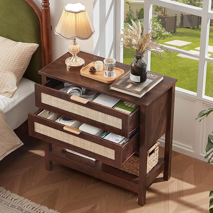 LEYAOYAO 31.5" Wide Rattan Night Stand, Oversized Large Walnut Nightstand with 2 Drawer, Boho Bed Side End Tables with Storage Shelf, Tall Bedside Table for Bedroom Living Room, Hallway