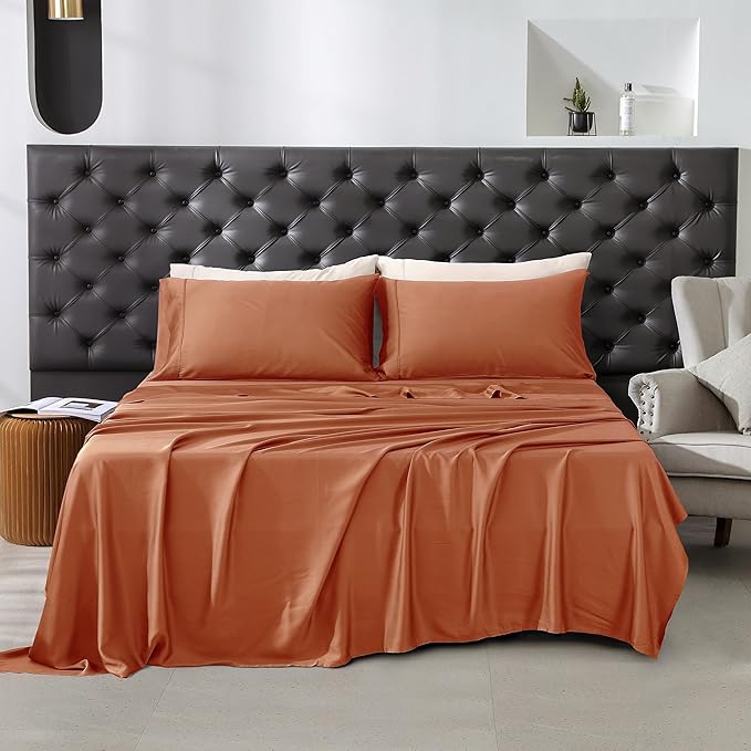 Linen World Queen Size 400TC Cooling Bed Sheet Set - 100% Organically Grown Viscose Sheets, Silky Soft & Breathable, Deep Pocket Fits Up to 16", 4-Piece Sheets with Pillowcases,Caremel