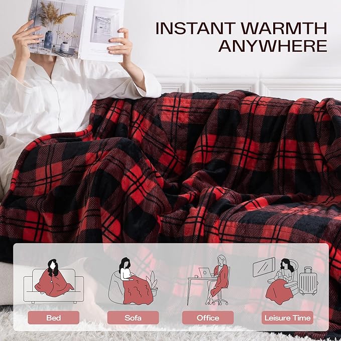 Heated Electric Blanket Twin Size 84" x 62", 8 Heat Settings, 10-Hour Selectable Auto Shut-Off, Fast Heating Blanket, Machine Washable, Warm and Cozy Red Black Plaid Checkered Sherpa Blanket,