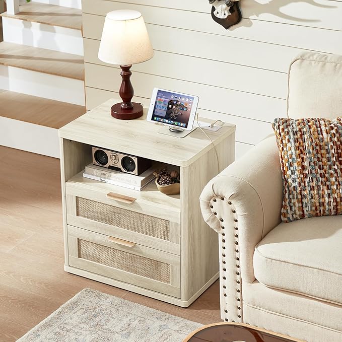 LEYAOYAO Rattan Dresser and Nightstand Set of 2, Boho Wood Dresser for Bedroom with 6 Drawers and Night Stand with Charging Station, Bedroom Furniture, Dressers & Chests of Drawers,Living Room,Hallway