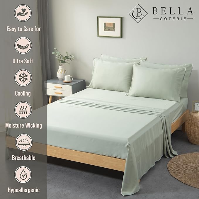 Bella Coterie 6 Piece Luxury Bamboo Viscose Split Top King Size Sheet Set | 34" Split for Adjustable Beds | 100% Organically Grown| Cooling | 18” Deep Pocket | 4 Pillowcases [Sea Glass]