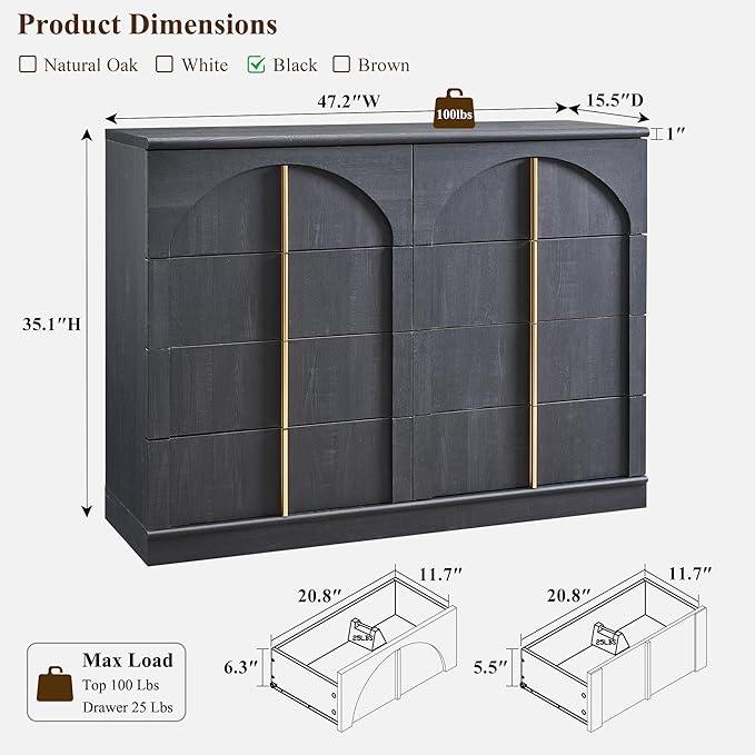 ACCOHOHO Large Dresser for Bedroom with 8 Drawers with Arched Panel,Modern Minimalist Chest of Drawers with Gold Handles,Wood Storage Closet Dressers Tv Stand for Living Room, Hallway,Black