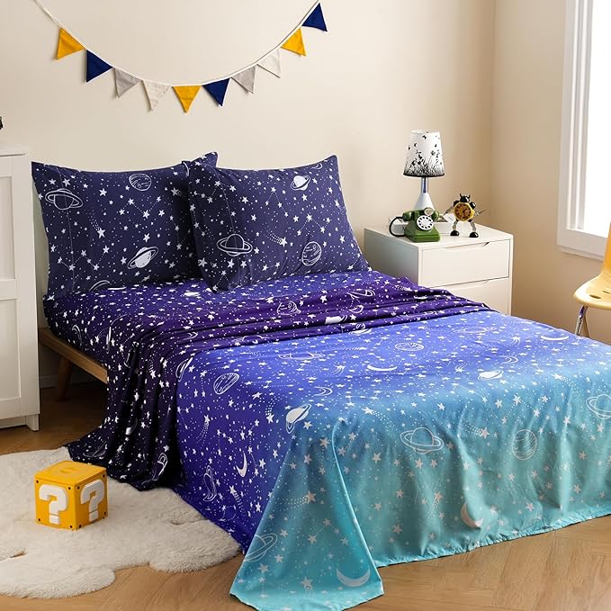 JSD Gradient Blue Moon Stars Kids Sheet Set Twin Size, 3 Piece Space Theme Microfiber Sheets Deep Pocket