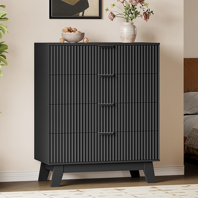 39" Tall Dresser for Bedroom, 4-Drawer Fluted Chest of Drawers, Modern Wood Highboy with Deep Storage, Metal Slides & Handles, Anti-Tip Kit, Vertical Clothes Organizer for Apartment, Nursery